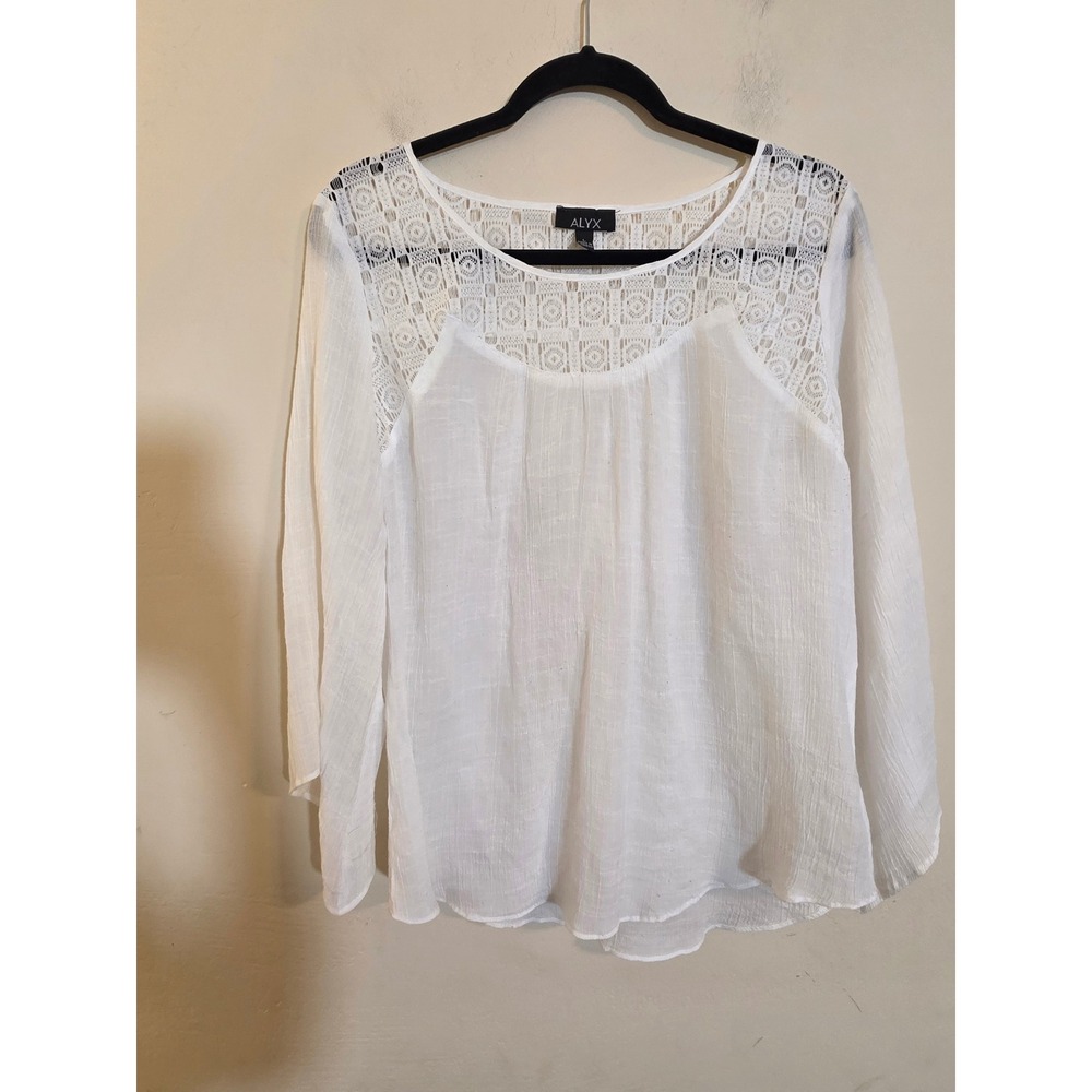 Alyx White Crochet Lace Yoke Long Sleeve Blouse‎ Top Large Boho Textured Airy
